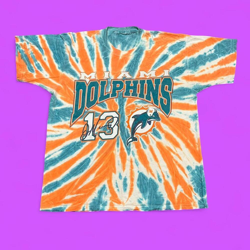 90s blue and orange tie dye Miami Florida Dolphins Dan Marino NFL shirt